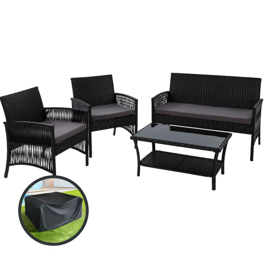 Gardeon 4PCS OutdoorSofa Set with Storage Cover Wicker Harp Chair Table Black - Furniture > Outdoor > Outdoor Sofas &