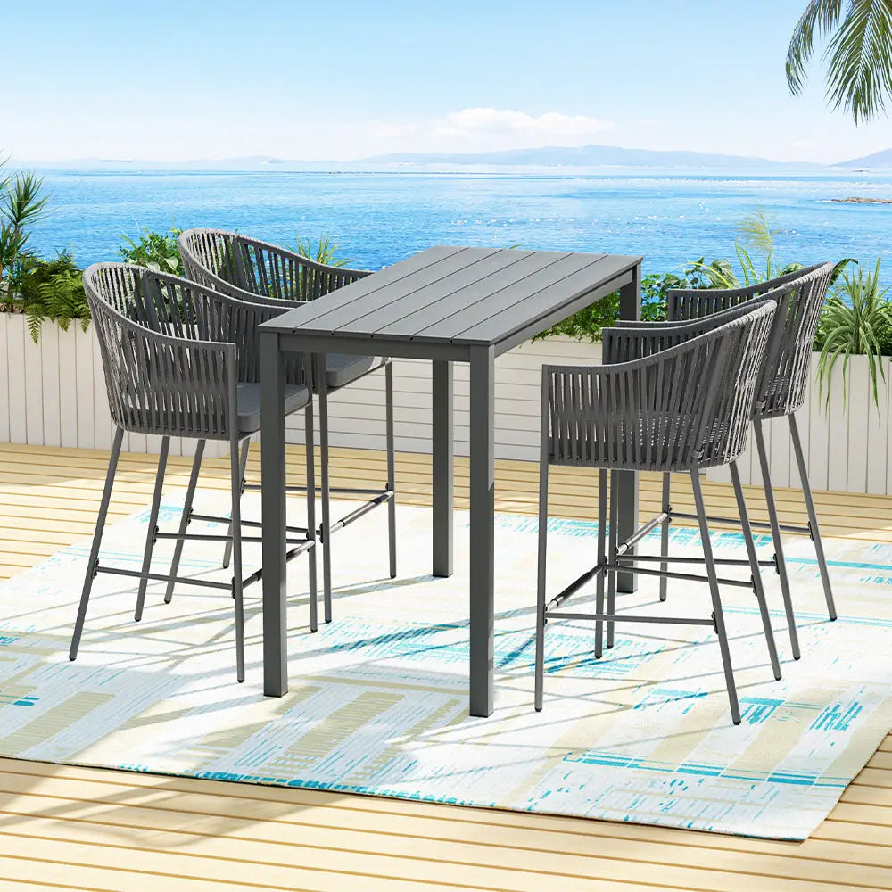 Gardeon 5-Piece Outdoor Bar Set Dining Table Rope Chair Patio Bistro Set - Furniture > Outdoor