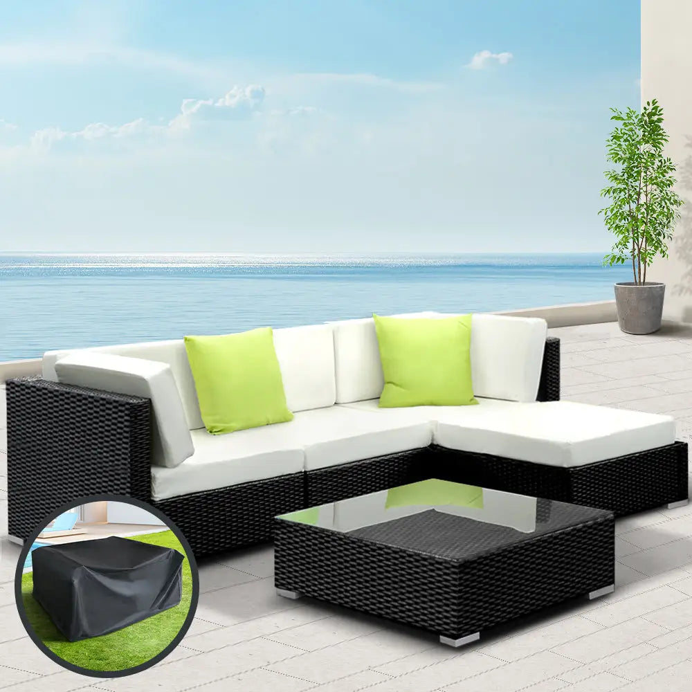 Gardeon 5-Piece Outdoor Sofa Set Wicker Couch Lounge Setting Cover - Furniture > Outdoor
