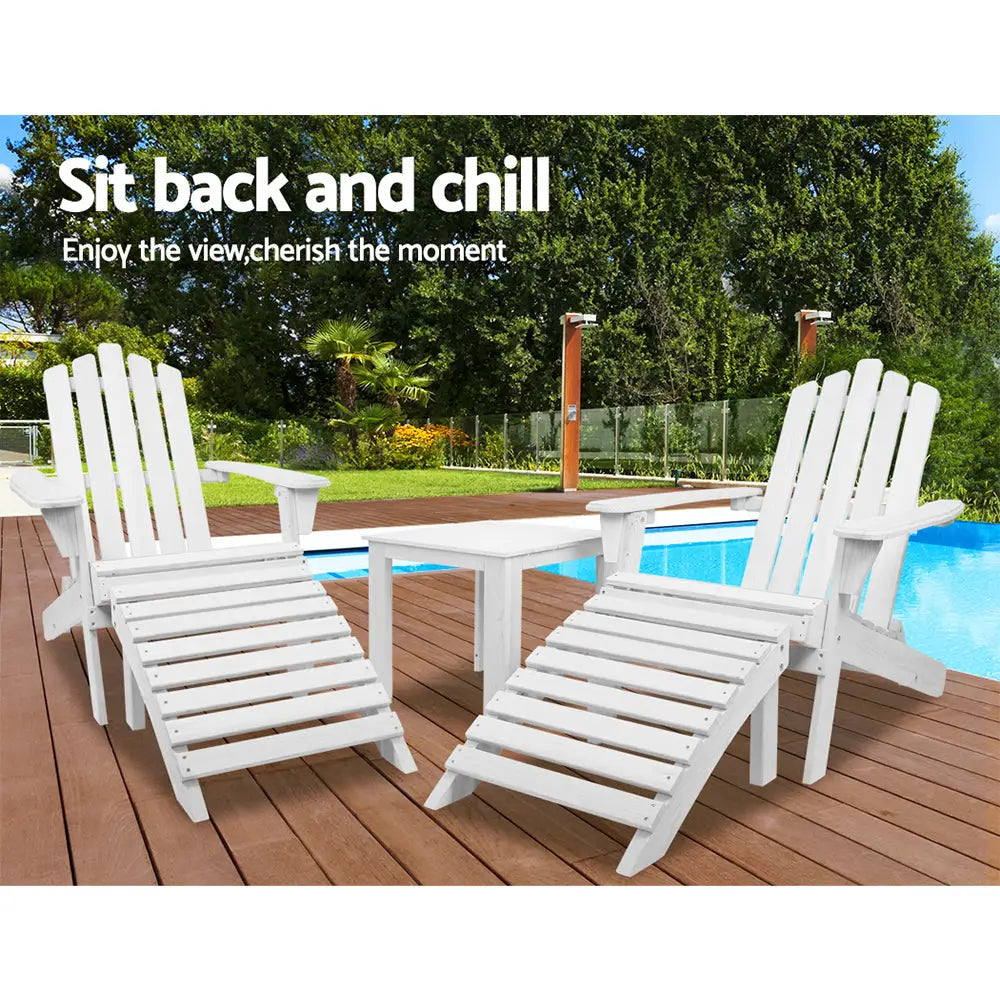 Gardeon 5PC Adirondack Outdoor Table and Chairs Wooden Sun Lounge Patio Furniture White - Furniture > Outdoor
