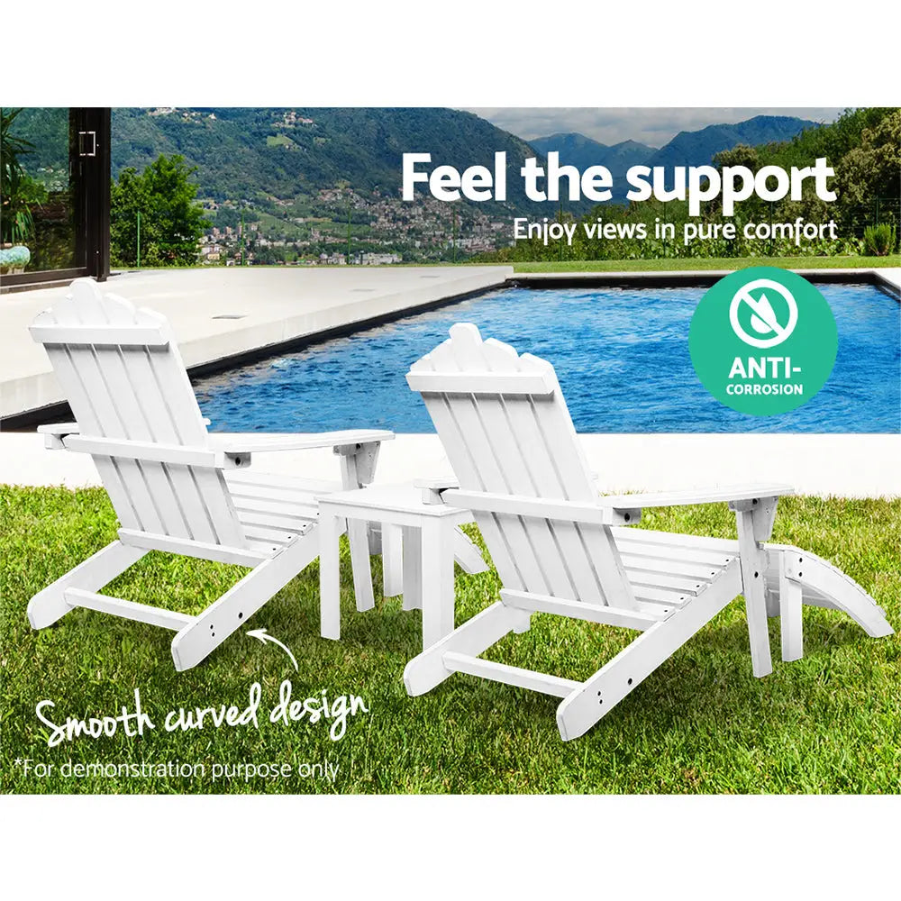 Gardeon 5PC Adirondack Outdoor Table and Chairs Wooden Sun Lounge Patio Furniture White - Furniture > Outdoor