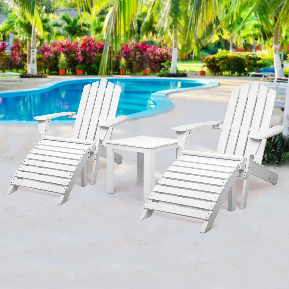 Gardeon 5PC Adirondack Outdoor Table and Chairs Wooden Sun Lounge Patio Furniture White - Furniture > Outdoor