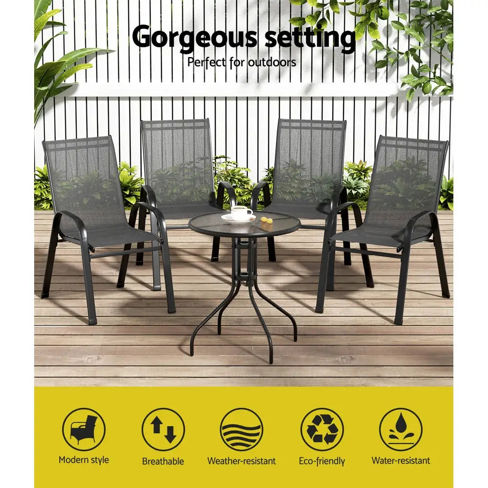Gardeon 5PC Bistro Set Outdoor Table and Chairs Stackable Outdoor Furniture Black - Furniture > Outdoor