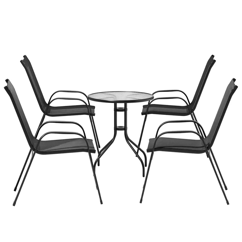Gardeon 5PC Bistro Set Outdoor Table and Chairs Stackable Outdoor Furniture Black - Furniture > Outdoor