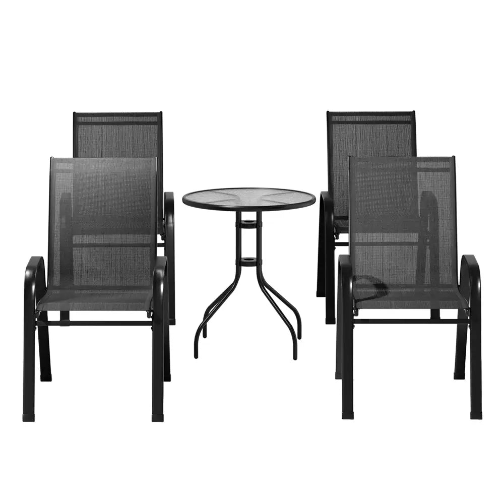Gardeon 5PC Bistro Set Outdoor Table and Chairs Stackable Outdoor Furniture Black - Furniture > Outdoor