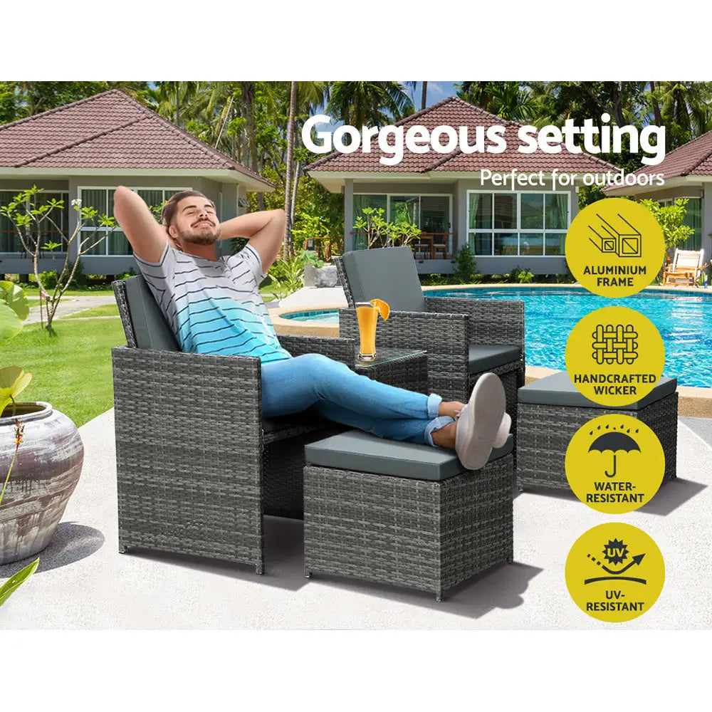 Gardeon 5PC Bistro Set Wicker Table and Chairs Outdoor Furniture Grey - Furniture > Outdoor