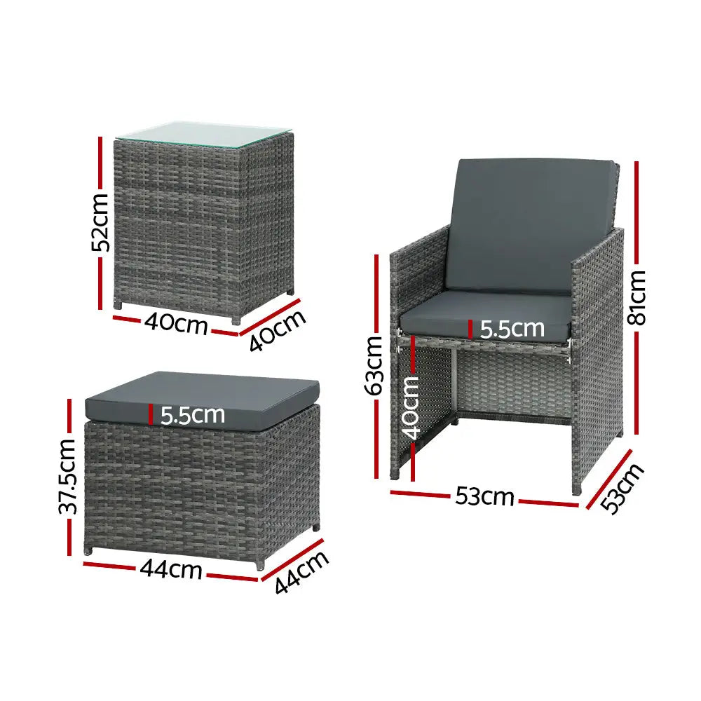 Gardeon 5PC Bistro Set Wicker Table and Chairs Outdoor Furniture Grey - Furniture > Outdoor