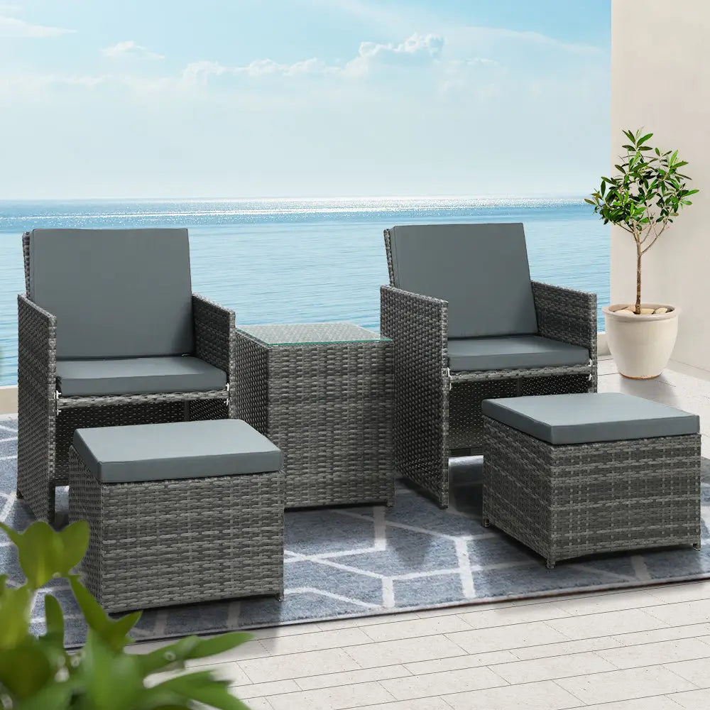 Gardeon 5PC Bistro Set Wicker Table and Chairs Outdoor Furniture Grey - Furniture > Outdoor