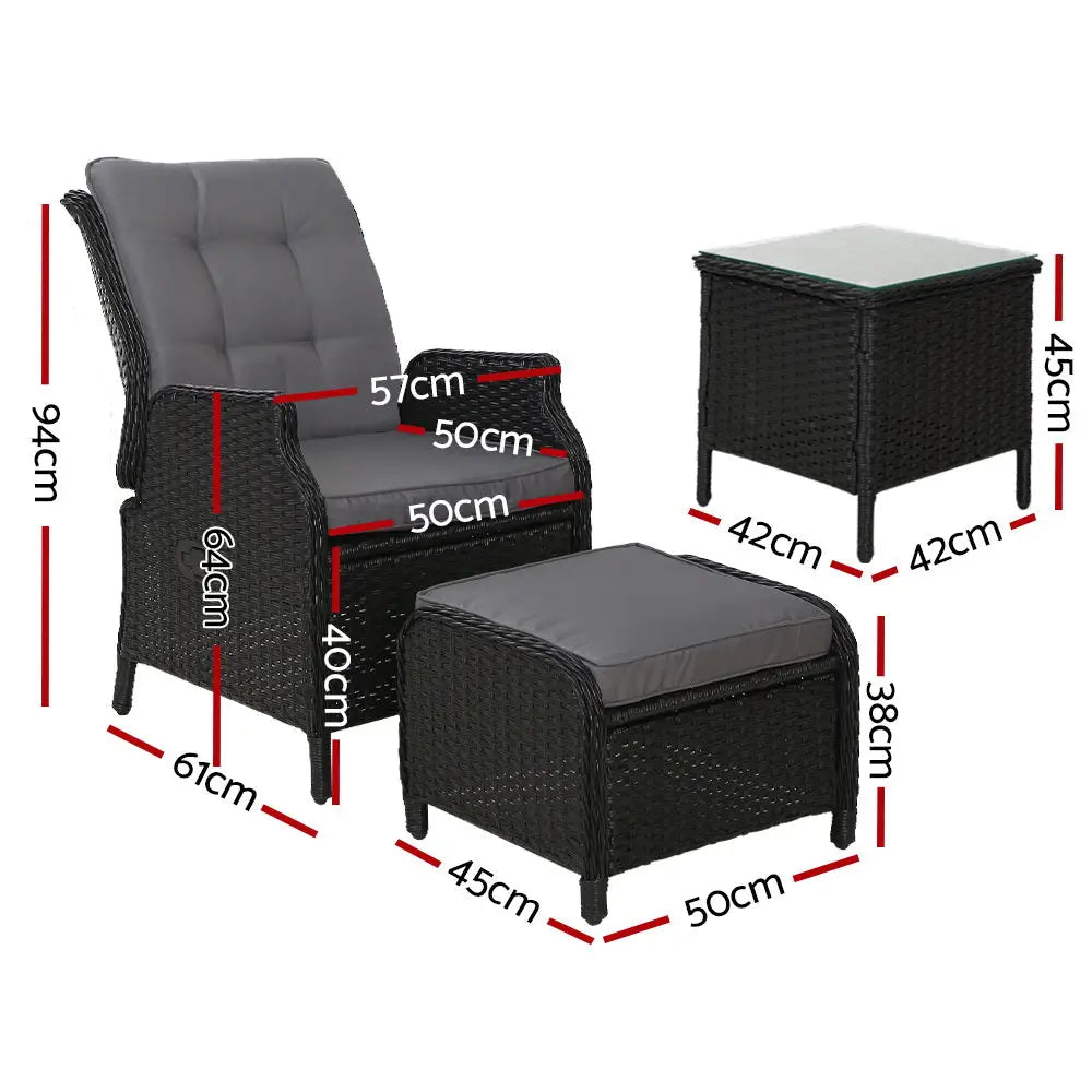 Gardeon 5PC Recliner Chairs Table Sun lounge Wicker Outdoor Furniture Adjustable Black - Furniture > Outdoor