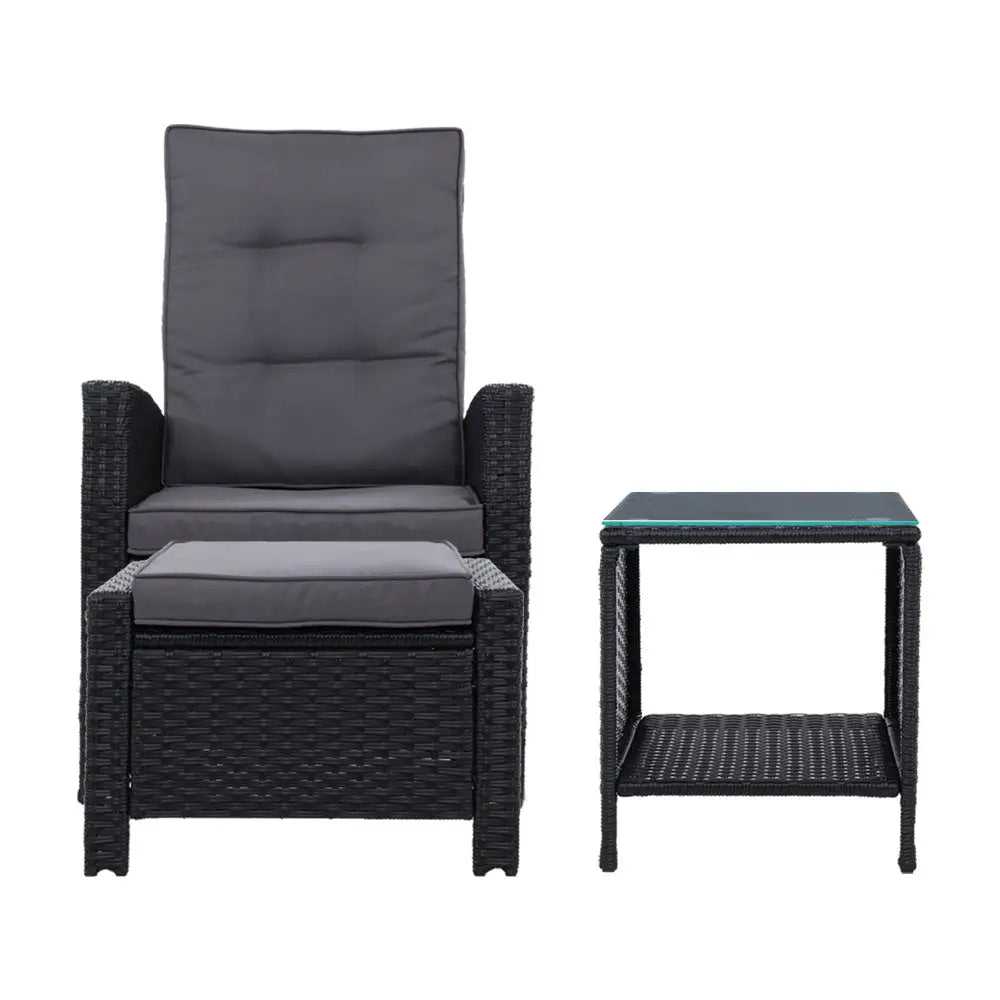 Gardeon 5PC Recliner Chairs Table Sun lounge Wicker Outdoor Furniture Adjustable Black - Furniture > Outdoor