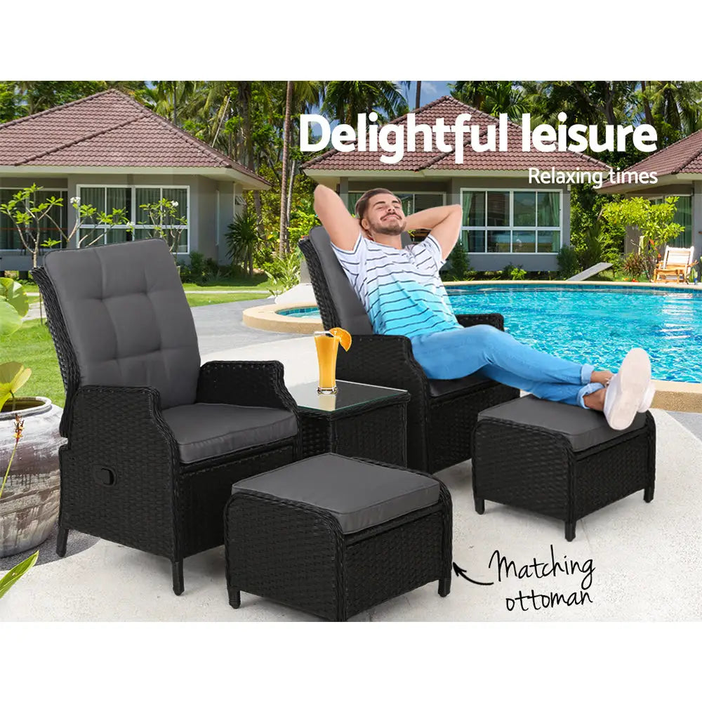 Gardeon 5PC Recliner Chairs Table Sun lounge Wicker Outdoor Furniture Adjustable Black - Furniture > Outdoor