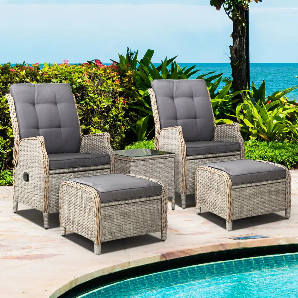 Gardeon 5PC Recliner Chairs Table Sun lounge Wicker Outdoor Furniture Adjustable Grey - Furniture > Outdoor > Outdoor