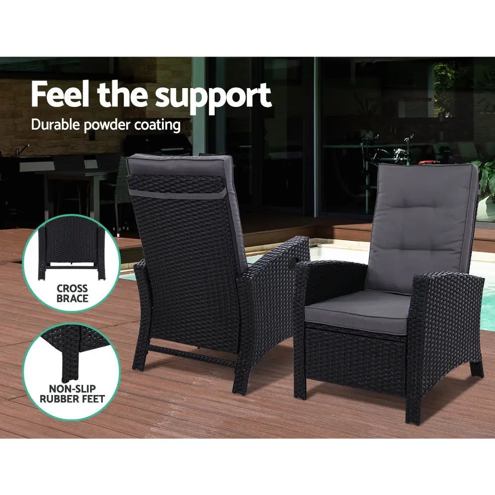 Gardeon 5PC Recliner Chairs Table Sun lounge Wicker Outdoor Furniture Adjustable Black - Furniture > Outdoor