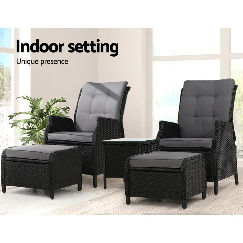 Gardeon 5PC Recliner Chairs Table Sun lounge Wicker Outdoor Furniture Adjustable Black - Furniture > Outdoor