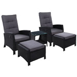 Gardeon 5PC Recliner Chairs Table Sun lounge Wicker Outdoor Furniture Adjustable Black - Furniture > Outdoor