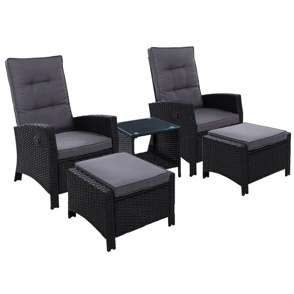Gardeon 5PC Recliner Chairs Table Sun lounge Wicker Outdoor Furniture Adjustable Black - Furniture > Outdoor