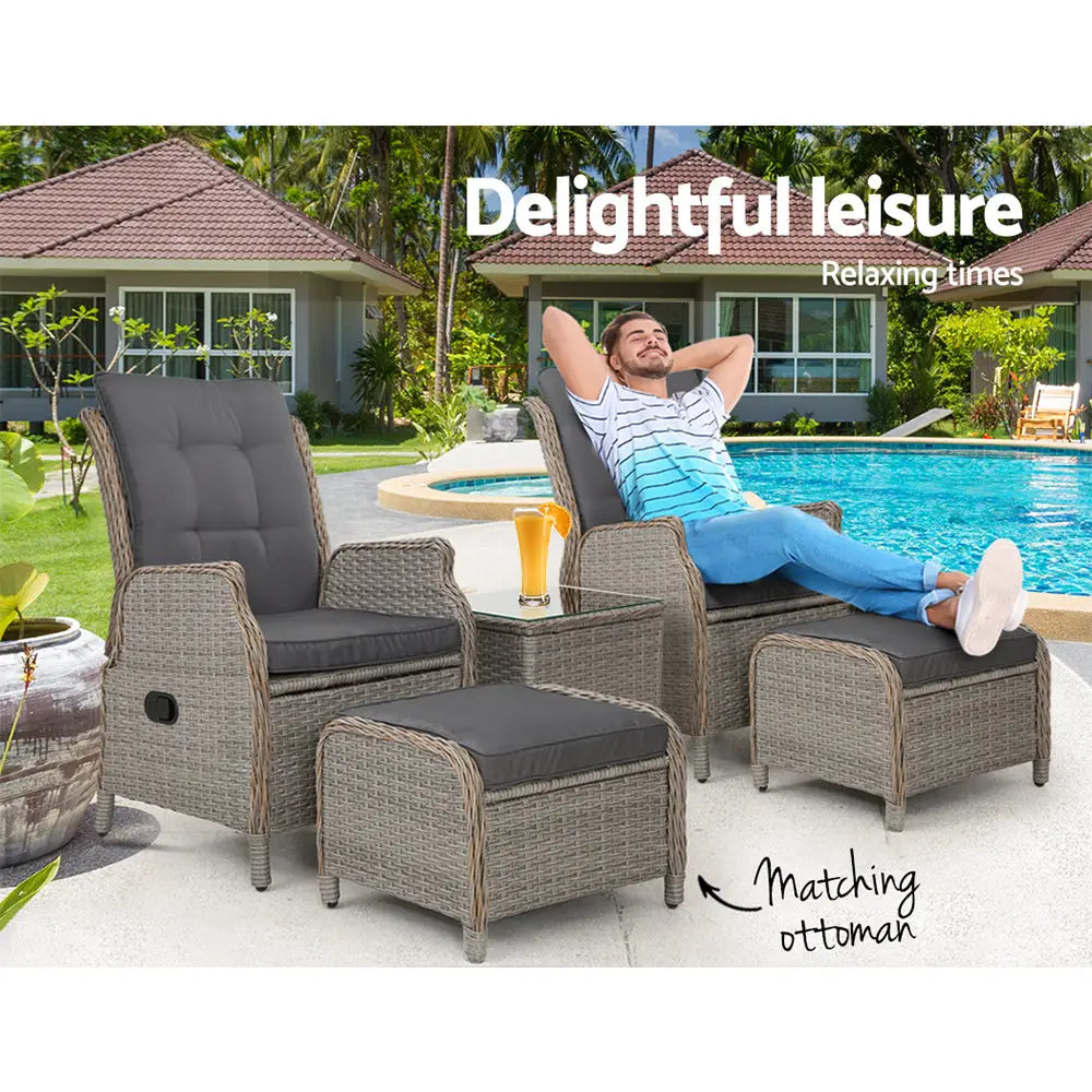 Gardeon 5PC Recliner Chairs Table Sun lounge Wicker Outdoor Furniture Adjustable Grey - Furniture > Outdoor > Outdoor