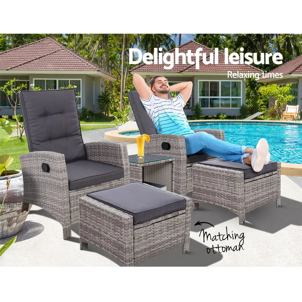 Gardeon 5PC Recliner Chairs Table Sun lounge Wicker Outdoor Furniture Adjustable Grey - Furniture > Outdoor > Outdoor