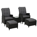 Gardeon 5PC Recliner Chairs Table Sun lounge Wicker Outdoor Furniture Adjustable Black - Furniture > Outdoor