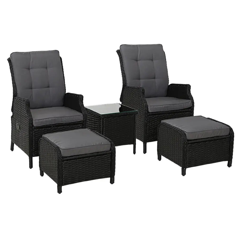 Gardeon 5PC Recliner Chairs Table Sun lounge Wicker Outdoor Furniture Adjustable Black - Furniture > Outdoor