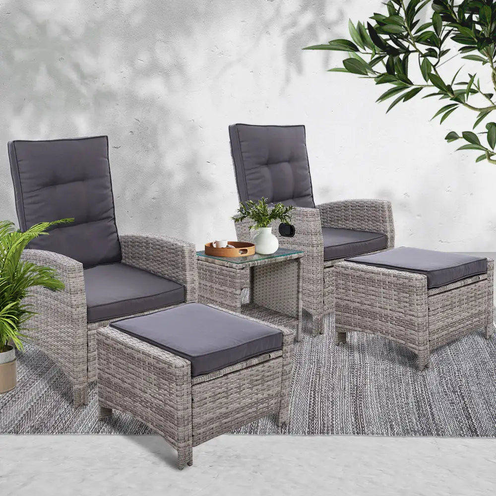 Gardeon 5PC Recliner Chairs Table Sun lounge Wicker Outdoor Furniture Adjustable Grey - Furniture > Outdoor > Outdoor