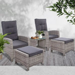 Gardeon 5PC Recliner Chairs Table Sun lounge Wicker Outdoor Furniture Adjustable Grey - Furniture > Outdoor > Outdoor
