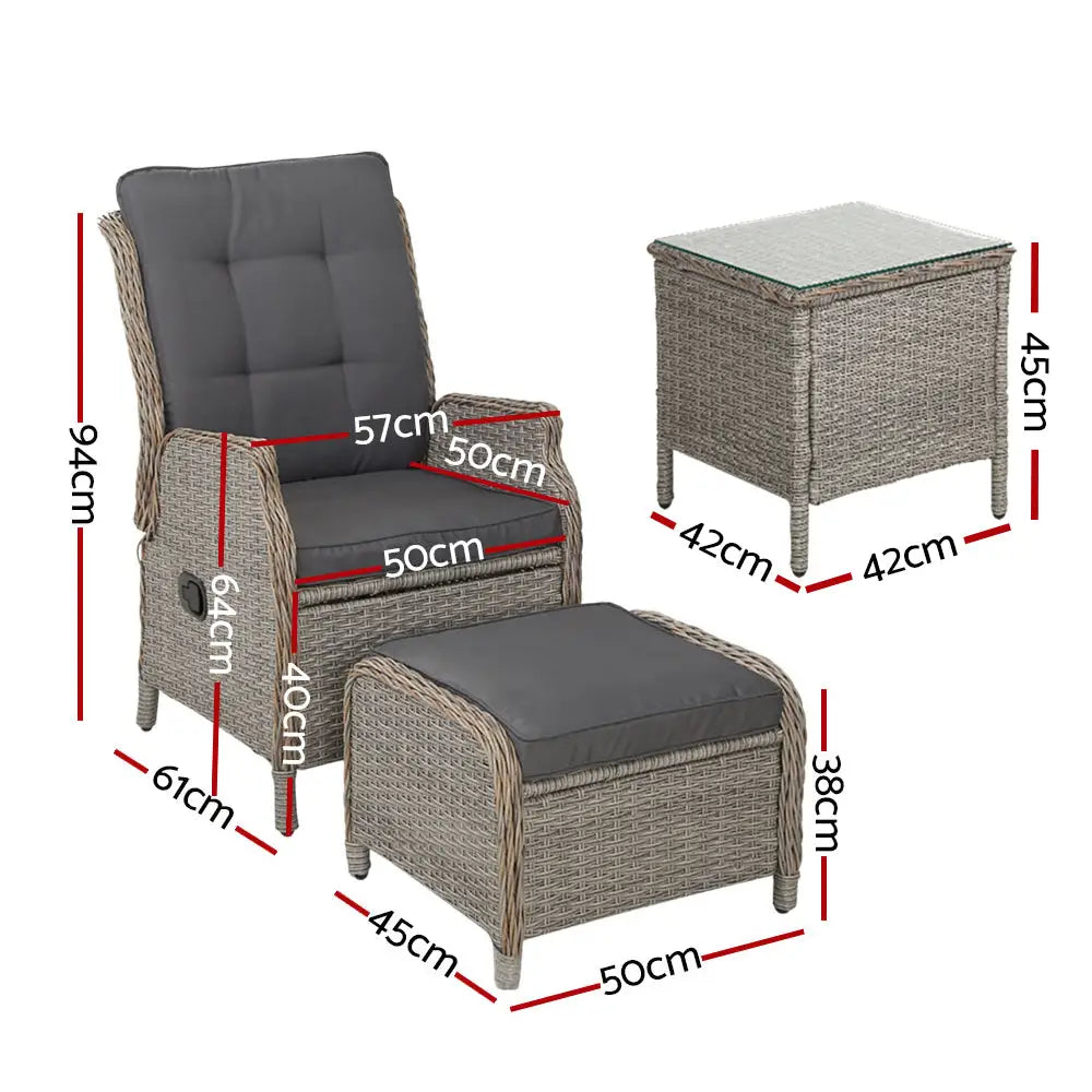 Gardeon 5PC Recliner Chairs Table Sun lounge Wicker Outdoor Furniture Adjustable Grey - Furniture > Outdoor > Outdoor