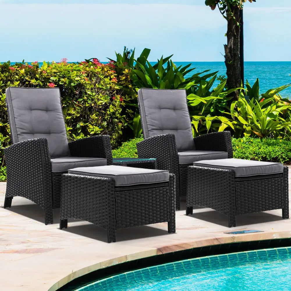 Gardeon 5PC Recliner Chairs Table Sun lounge Wicker Outdoor Furniture Adjustable Black - Furniture > Outdoor