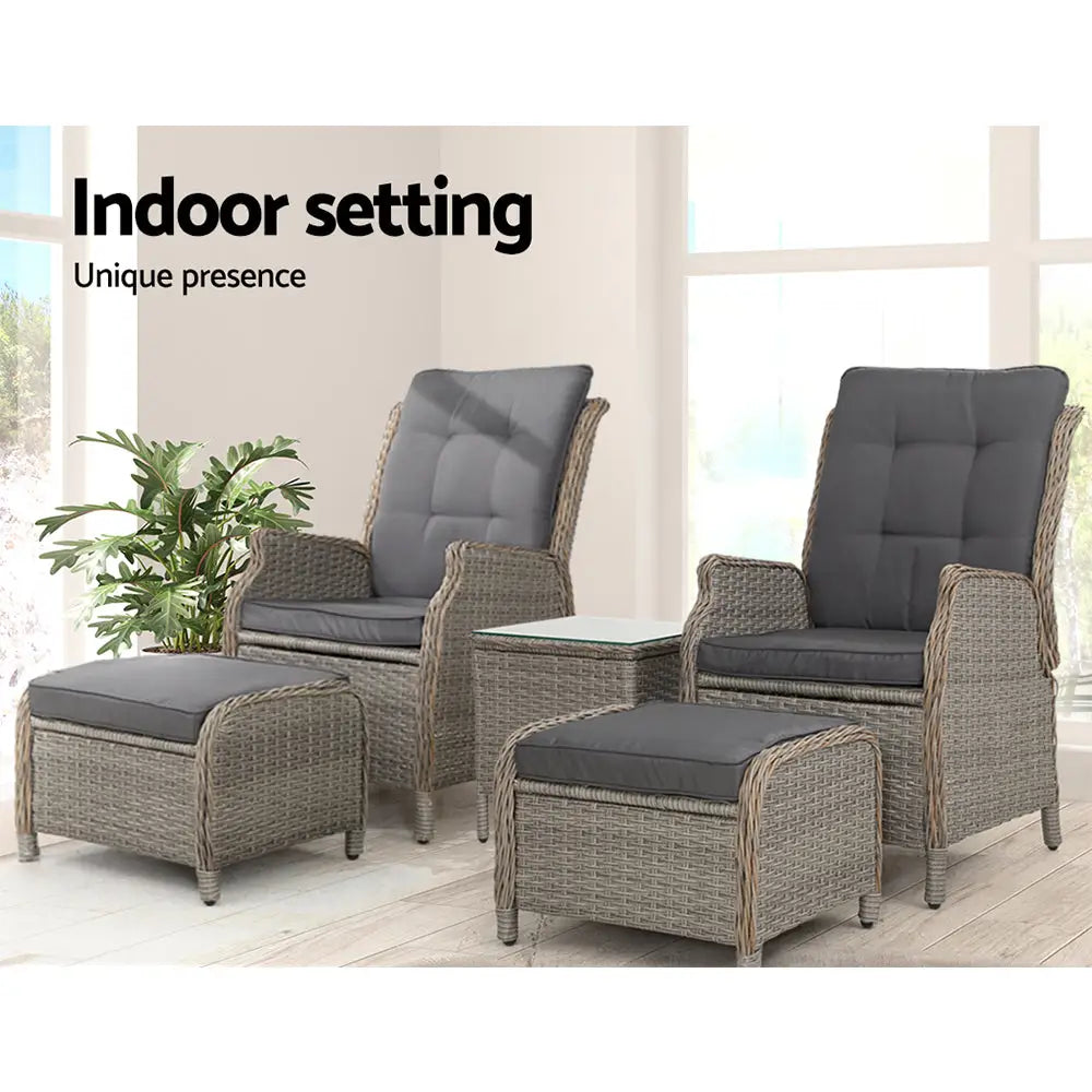 Gardeon 5PC Recliner Chairs Table Sun lounge Wicker Outdoor Furniture Adjustable Grey - Furniture > Outdoor > Outdoor
