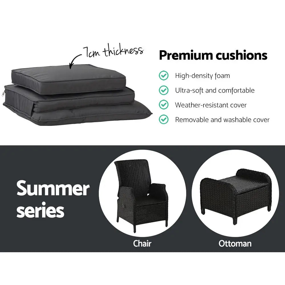 Gardeon 5PC Recliner Chairs Table Sun lounge Wicker Outdoor Furniture Adjustable Black - Furniture > Outdoor