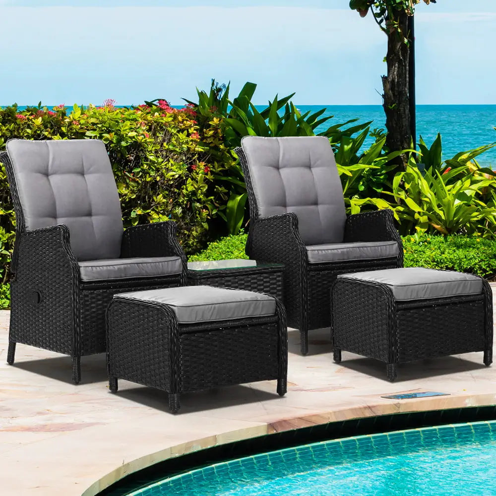 Gardeon 5PC Recliner Chairs Table Sun lounge Wicker Outdoor Furniture Adjustable Black - Furniture > Outdoor