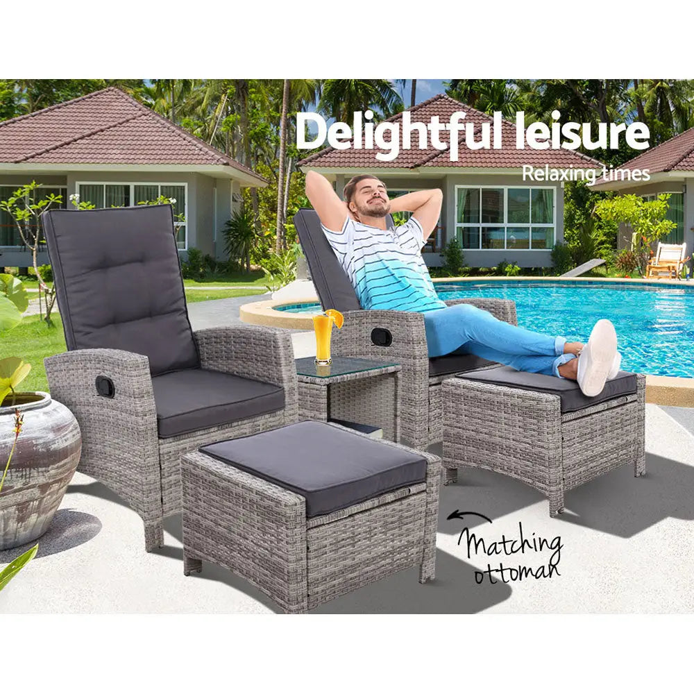 Gardeon 5PC Recliner Chairs Table Sun lounge Wicker Outdoor Furniture Adjustable Grey - Furniture > Outdoor > Outdoor