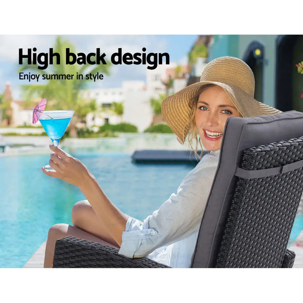 Gardeon 5PC Recliner Chairs Table Sun lounge Wicker Outdoor Furniture Adjustable Black - Furniture > Outdoor