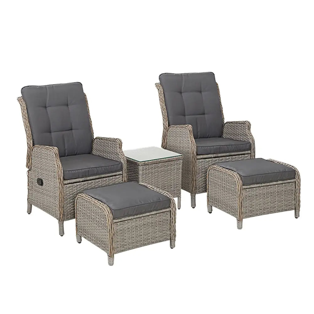 Gardeon 5PC Recliner Chairs Table Sun lounge Wicker Outdoor Furniture Adjustable Grey - Furniture > Outdoor > Outdoor