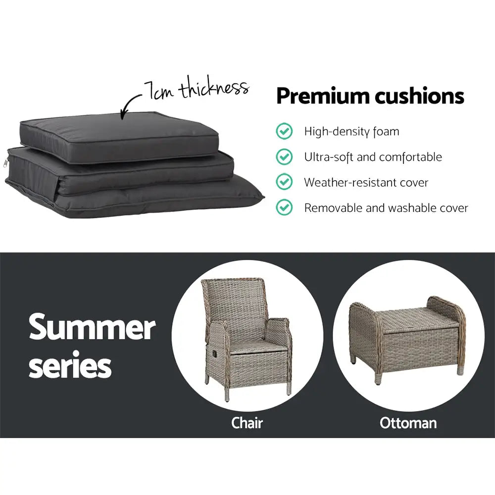Gardeon 5PC Recliner Chairs Table Sun lounge Wicker Outdoor Furniture Adjustable Grey - Furniture > Outdoor > Outdoor