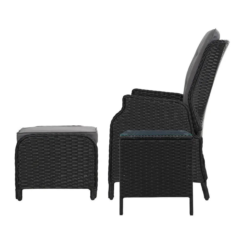 Gardeon 5PC Recliner Chairs Table Sun lounge Wicker Outdoor Furniture Adjustable Black - Furniture > Outdoor