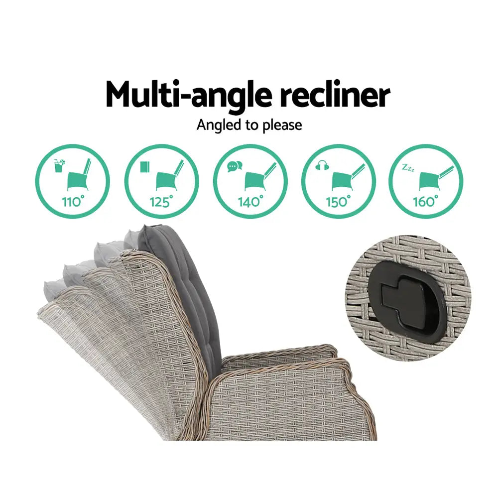 Gardeon 5PC Recliner Chairs Table Sun lounge Wicker Outdoor Furniture Adjustable Grey - Furniture > Outdoor > Outdoor