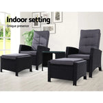 Gardeon 5PC Recliner Chairs Table Sun lounge Wicker Outdoor Furniture Adjustable Black - Furniture > Outdoor