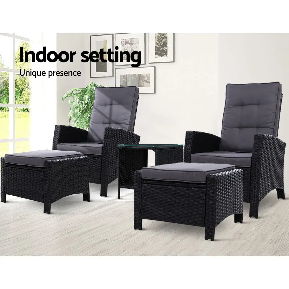 Gardeon 5PC Recliner Chairs Table Sun lounge Wicker Outdoor Furniture Adjustable Black - Furniture > Outdoor