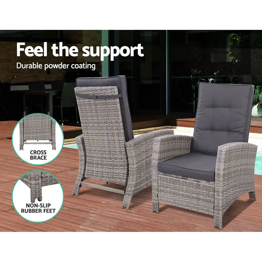 Gardeon 5PC Recliner Chairs Table Sun lounge Wicker Outdoor Furniture Adjustable Grey - Furniture > Outdoor > Outdoor