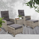 Gardeon 5PC Recliner Chairs Table Sun lounge Wicker Outdoor Furniture Adjustable Grey - Furniture > Outdoor > Outdoor