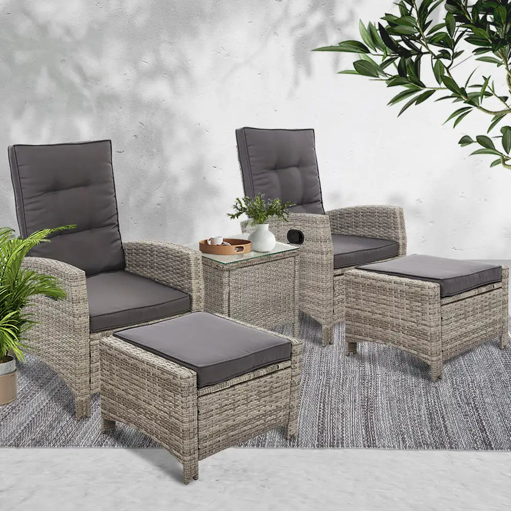 Gardeon 5PC Recliner Chairs Table Sun lounge Wicker Outdoor Furniture Adjustable Grey - Furniture > Outdoor > Outdoor