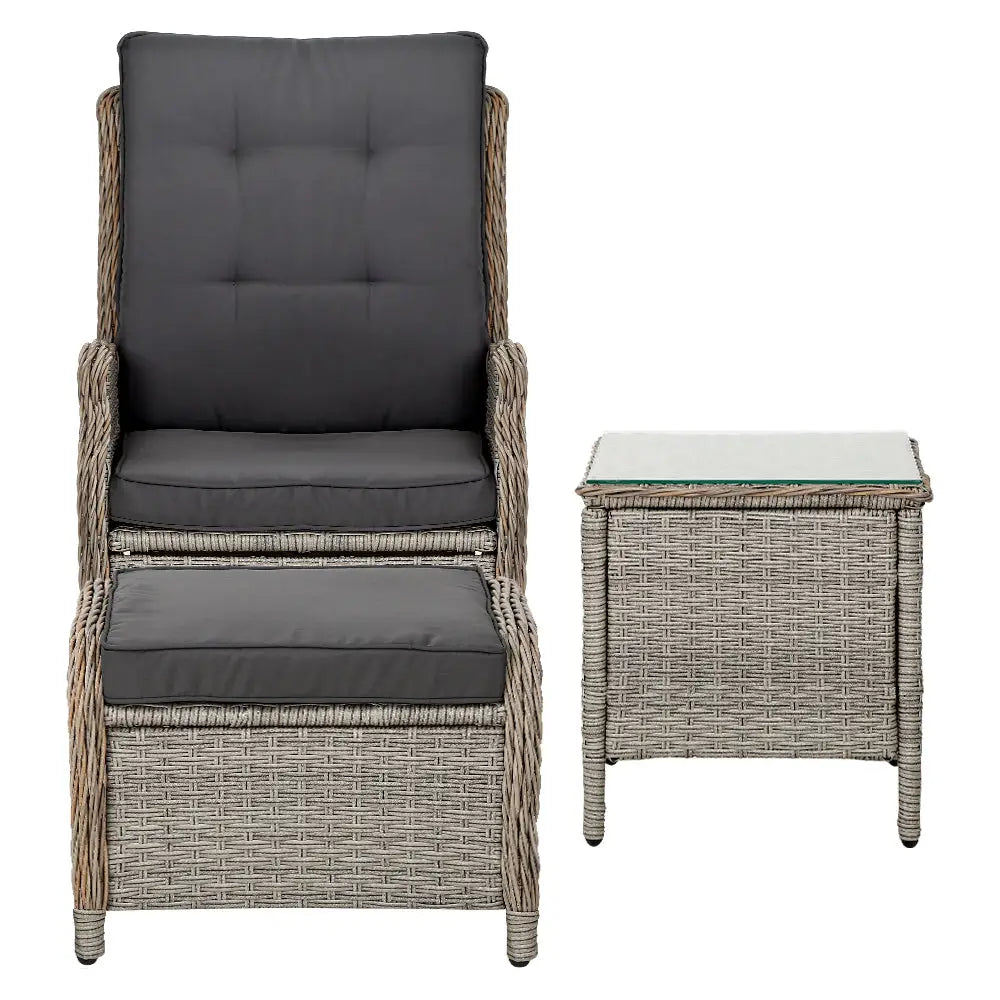 Gardeon 5PC Recliner Chairs Table Sun lounge Wicker Outdoor Furniture Adjustable Grey - Furniture > Outdoor > Outdoor