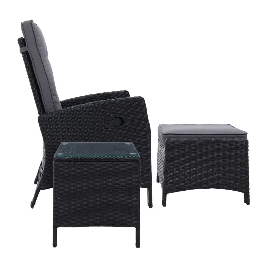 Gardeon 5PC Recliner Chairs Table Sun lounge Wicker Outdoor Furniture Adjustable Black - Furniture > Outdoor