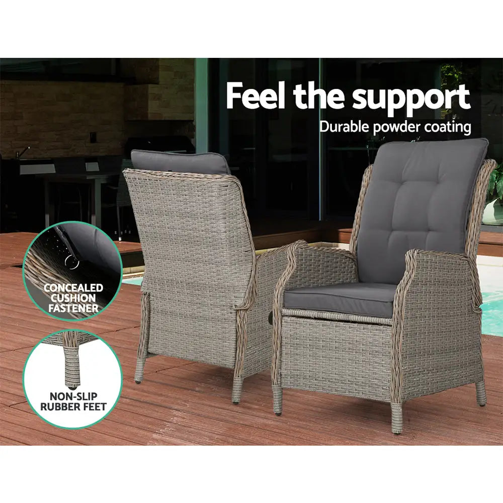 Gardeon 5PC Recliner Chairs Table Sun lounge Wicker Outdoor Furniture Adjustable Grey - Furniture > Outdoor > Outdoor