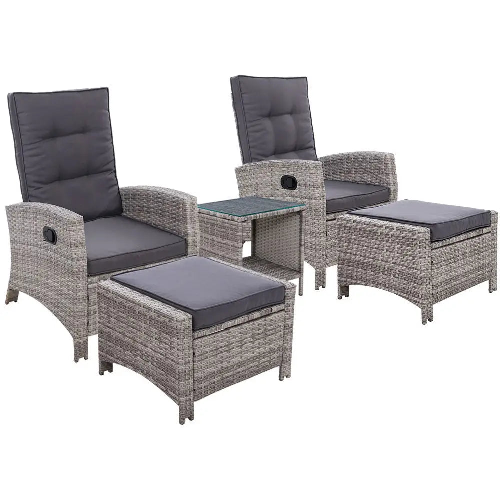 Gardeon 5PC Recliner Chairs Table Sun lounge Wicker Outdoor Furniture Adjustable Grey - Furniture > Outdoor > Outdoor
