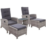 Gardeon 5PC Recliner Chairs Table Sun lounge Wicker Outdoor Furniture Adjustable Grey - Furniture > Outdoor > Outdoor