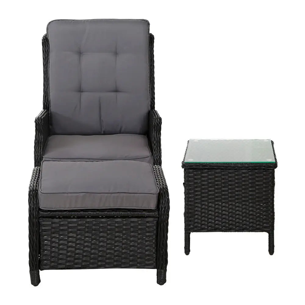 Gardeon 5PC Recliner Chairs Table Sun lounge Wicker Outdoor Furniture Adjustable Black - Furniture > Outdoor