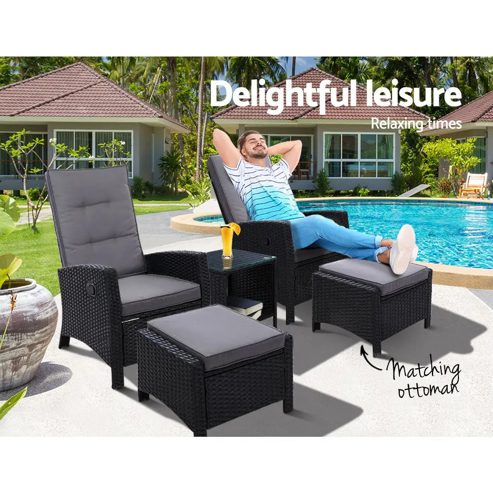 Gardeon 5PC Recliner Chairs Table Sun lounge Wicker Outdoor Furniture Adjustable Black - Furniture > Outdoor