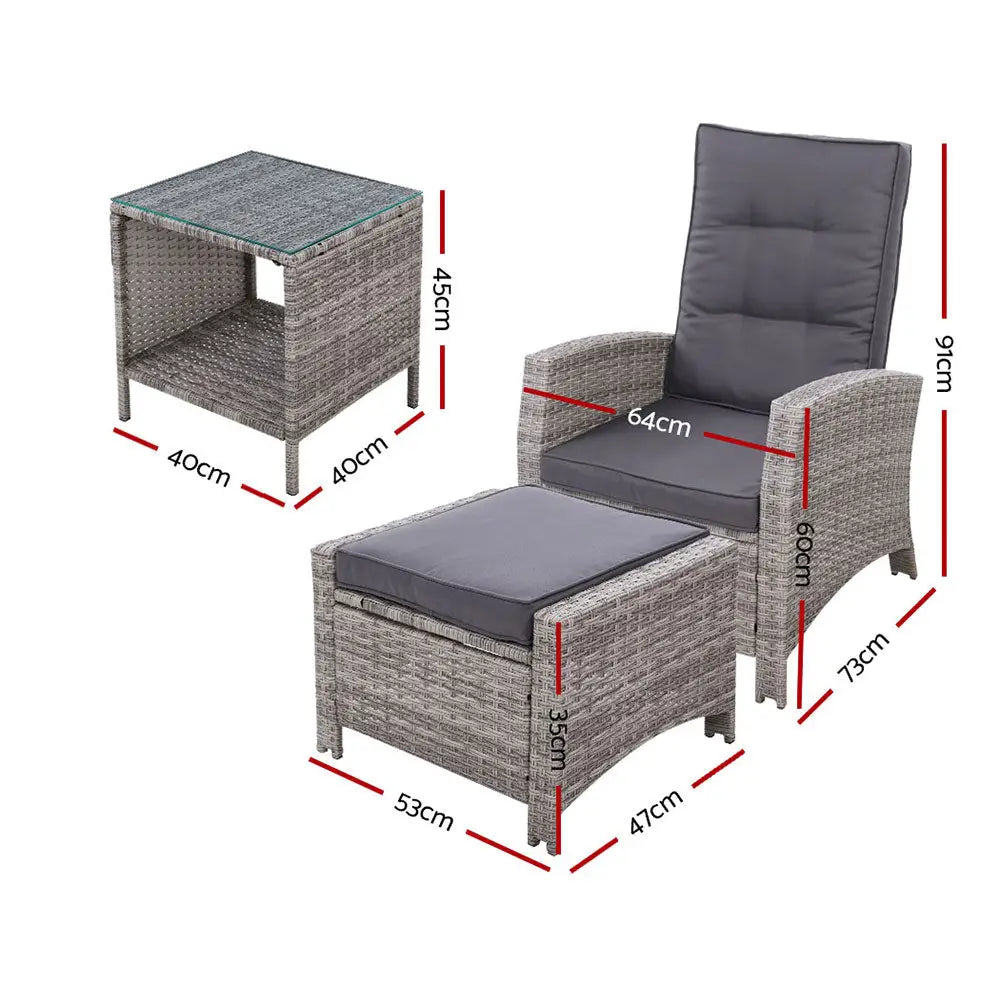 Gardeon 5PC Recliner Chairs Table Sun lounge Wicker Outdoor Furniture Adjustable Grey - Furniture > Outdoor > Outdoor